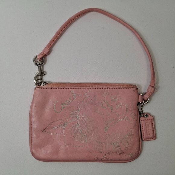 COACH Coral Pink Floral Wristlet Pouch Wallet Silvertone Hardware 6.25 x 4.25 in - Picture 4 of 7